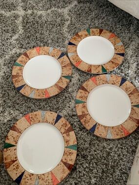 Multi-Color Geometric Trim Dinner Plates - Set of 4
